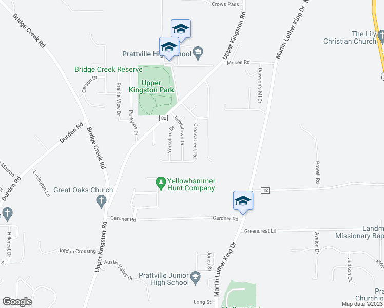 map of restaurants, bars, coffee shops, grocery stores, and more near 1259 Cross Creek Road in Prattville
