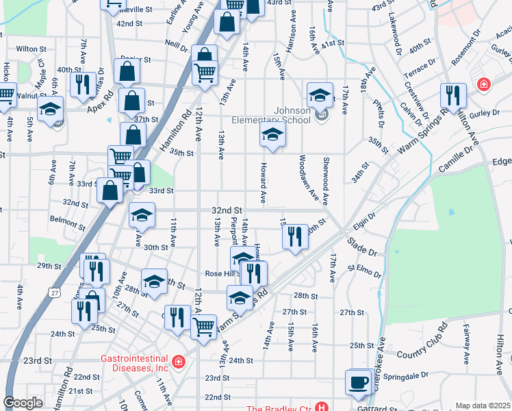 map of restaurants, bars, coffee shops, grocery stores, and more near 1409 32nd Street in Columbus