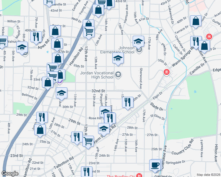 map of restaurants, bars, coffee shops, grocery stores, and more near 1418 33rd Street in Columbus