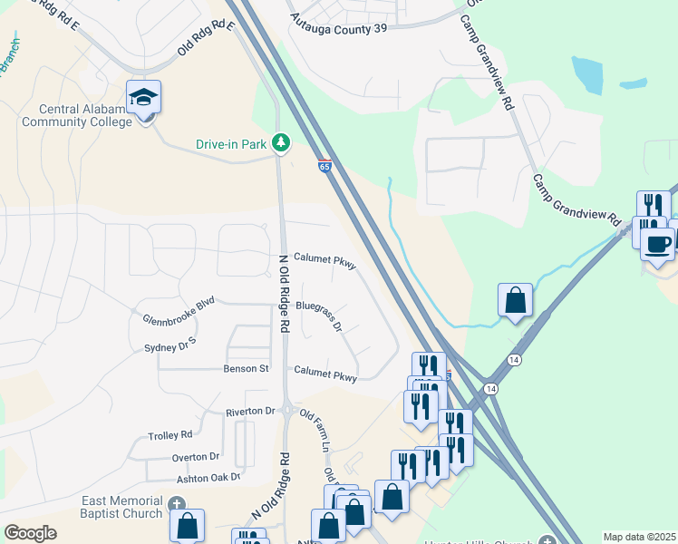 map of restaurants, bars, coffee shops, grocery stores, and more near 103 Westbrook Court in Prattville