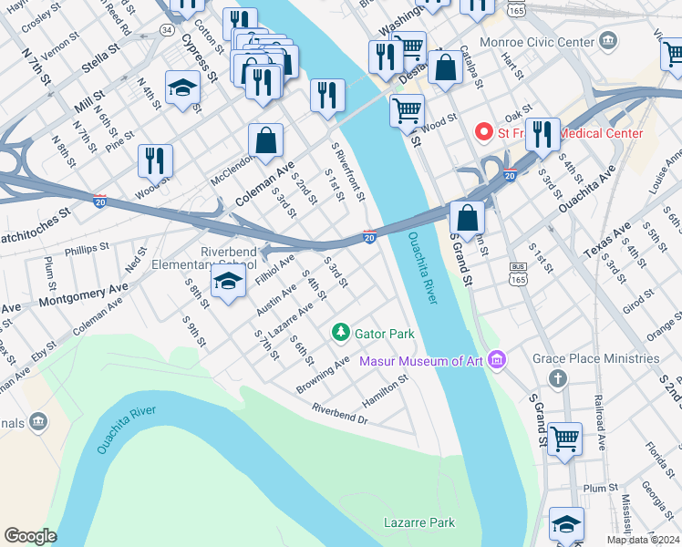 map of restaurants, bars, coffee shops, grocery stores, and more near 200-298 Austin Ave in West Monroe