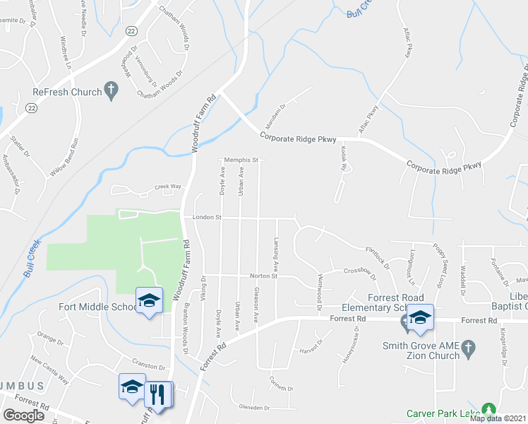 map of restaurants, bars, coffee shops, grocery stores, and more near 3206 Gleason Avenue in Columbus