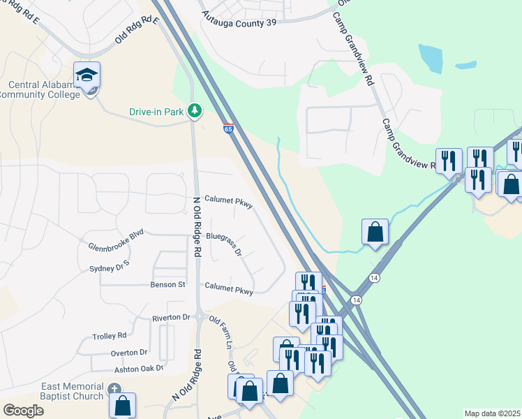 map of restaurants, bars, coffee shops, grocery stores, and more near Interstate 65 in Prattville