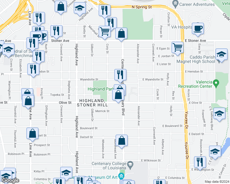 map of restaurants, bars, coffee shops, grocery stores, and more near 255 Wichita Street in Shreveport