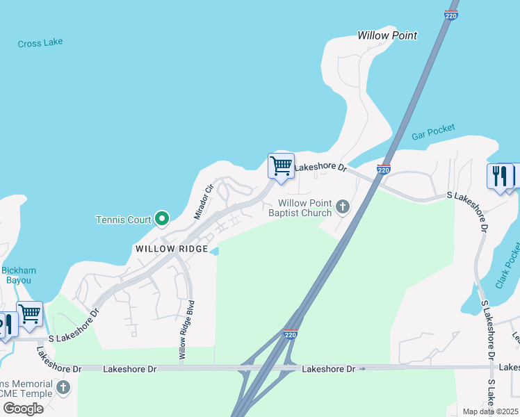 map of restaurants, bars, coffee shops, grocery stores, and more near 5636 South Lakeshore Drive in Shreveport