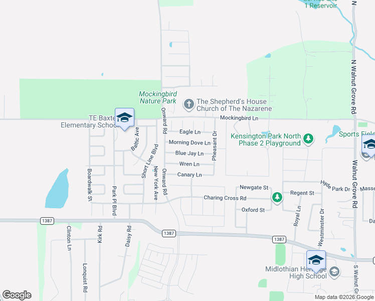 map of restaurants, bars, coffee shops, grocery stores, and more near 3025 Morning Dove Lane in Midlothian