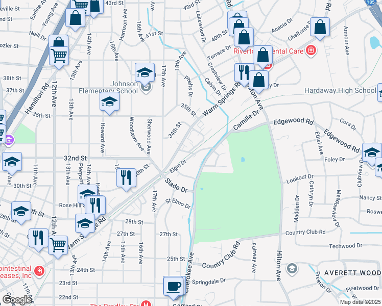 map of restaurants, bars, coffee shops, grocery stores, and more near Fall Line Trace in Columbus