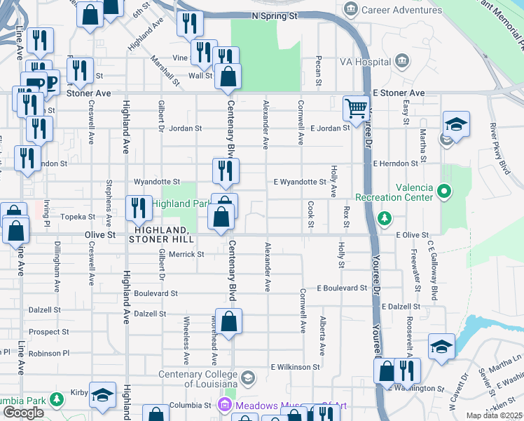 map of restaurants, bars, coffee shops, grocery stores, and more near 1901 Centenary Boulevard in Shreveport