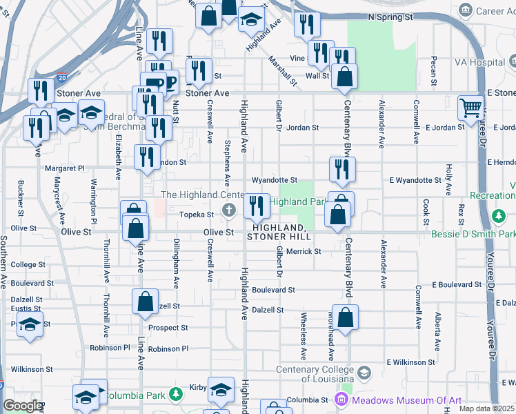 map of restaurants, bars, coffee shops, grocery stores, and more near 1816 Magnolia Avenue in Shreveport