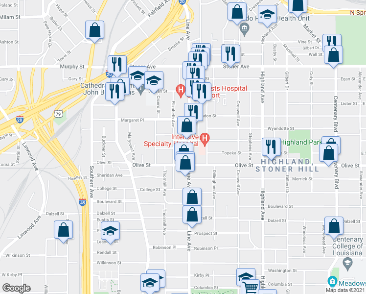map of restaurants, bars, coffee shops, grocery stores, and more near 1800 Line Avenue in Shreveport