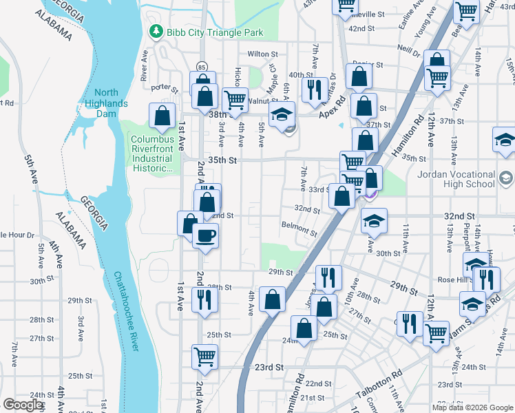 map of restaurants, bars, coffee shops, grocery stores, and more near 3209 5th Avenue in Columbus