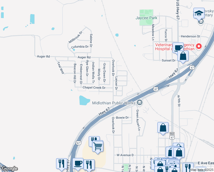 map of restaurants, bars, coffee shops, grocery stores, and more near 1010 Sage Brush Tr in Midlothian