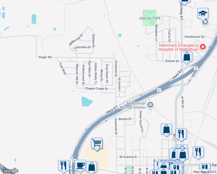 map of restaurants, bars, coffee shops, grocery stores, and more near 1014 Sage Brush Tr in Midlothian