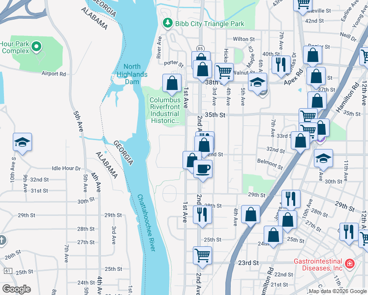 map of restaurants, bars, coffee shops, grocery stores, and more near 3225 1st Avenue in Columbus