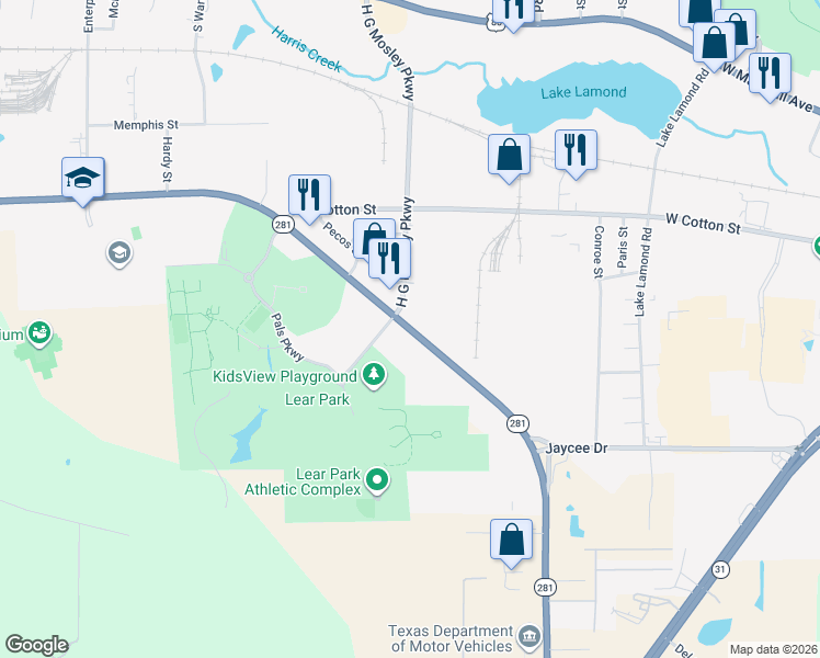 map of restaurants, bars, coffee shops, grocery stores, and more near 1563 East Harrison Road in Longview