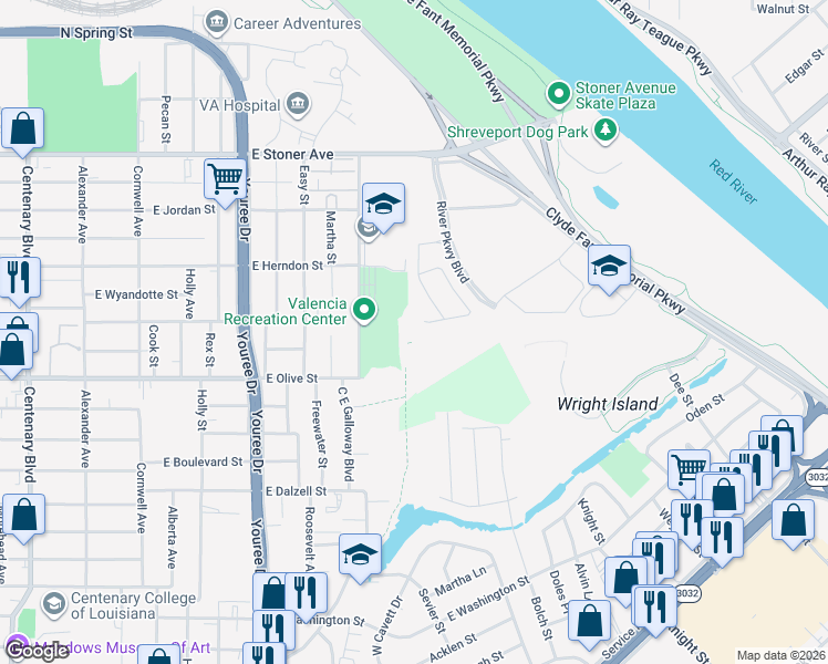 map of restaurants, bars, coffee shops, grocery stores, and more near 676 Riverscape Dr in Shreveport