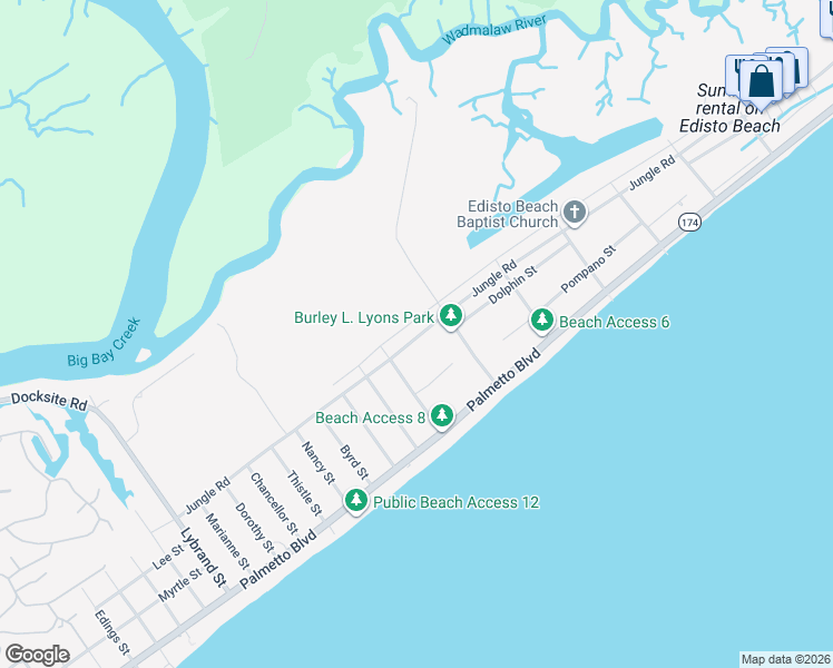 map of restaurants, bars, coffee shops, grocery stores, and more near 707 Jungle Shores Drive in Edisto Island