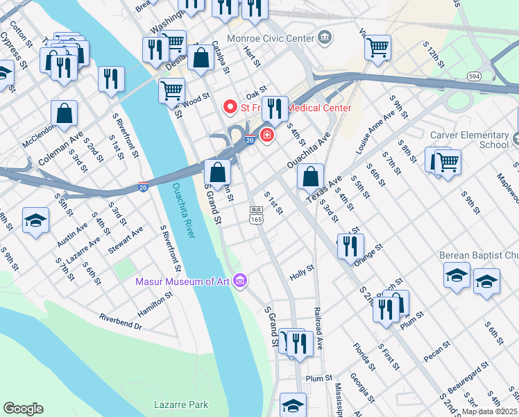 map of restaurants, bars, coffee shops, grocery stores, and more near 215 South 1st Street in Monroe