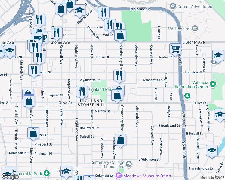 map of restaurants, bars, coffee shops, grocery stores, and more near 255 Wichita Street in Shreveport