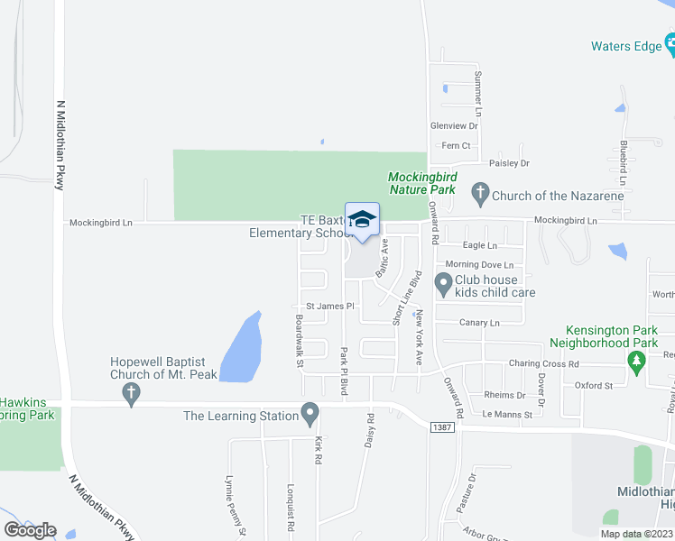 map of restaurants, bars, coffee shops, grocery stores, and more near 1015 Park Place Boulevard in Midlothian