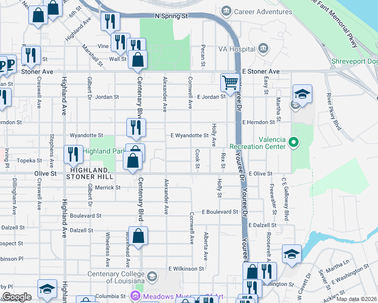map of restaurants, bars, coffee shops, grocery stores, and more near 161 East Wichita Street in Shreveport