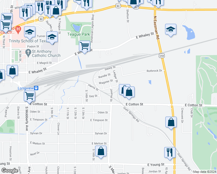 map of restaurants, bars, coffee shops, grocery stores, and more near 1809 Nowlin Street in Longview