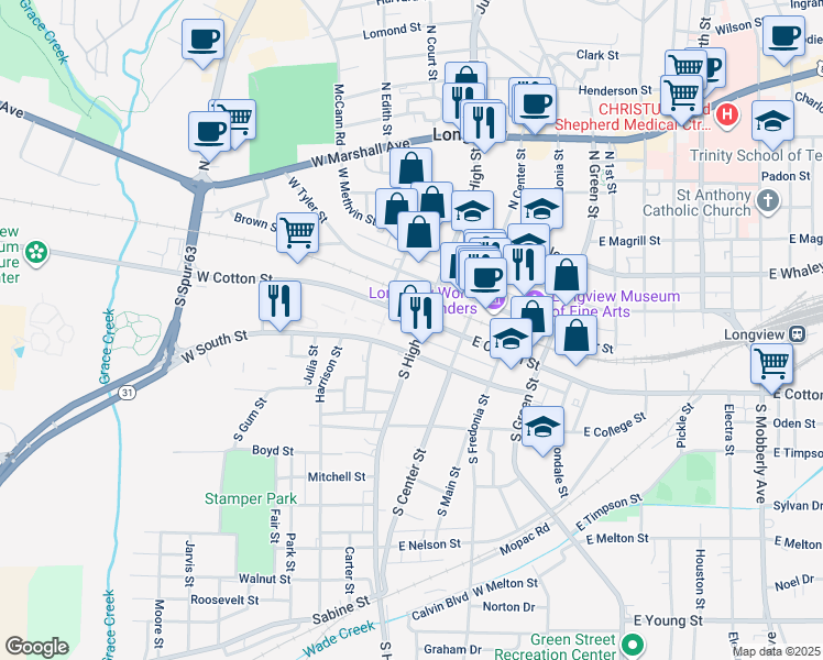 map of restaurants, bars, coffee shops, grocery stores, and more near 200 W Cotton St in Longview