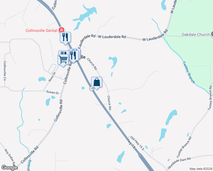 map of restaurants, bars, coffee shops, grocery stores, and more near 9030 Church Road in Collinsville