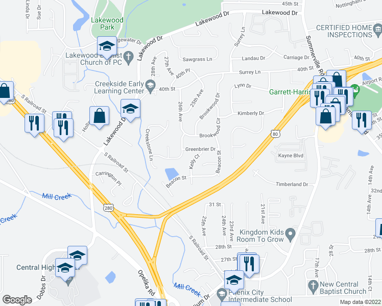 map of restaurants, bars, coffee shops, grocery stores, and more near 2413 Greenbrier Dr in Phenix City