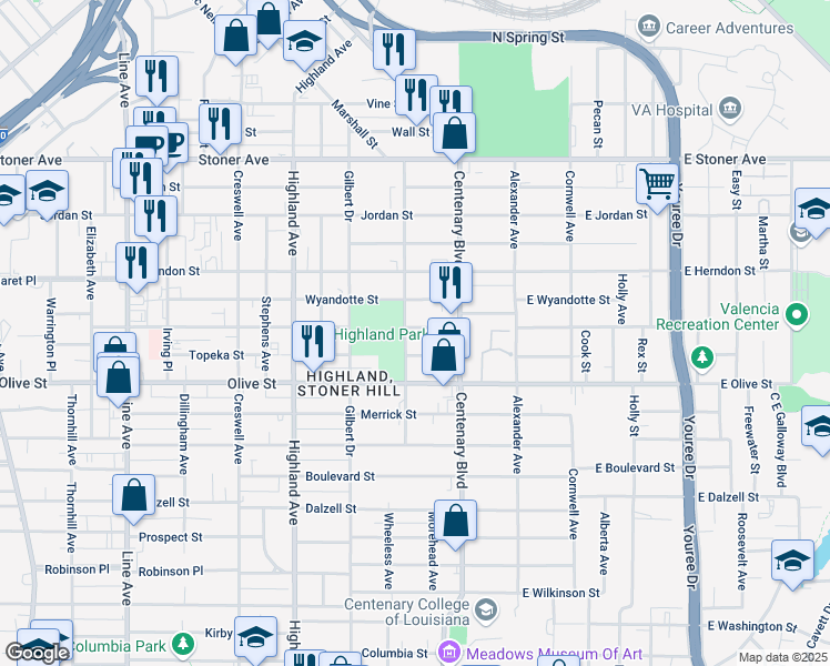 map of restaurants, bars, coffee shops, grocery stores, and more near 255 Wichita Street in Shreveport