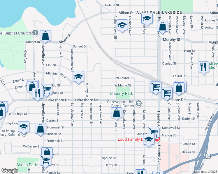 map of restaurants, bars, coffee shops, grocery stores, and more near 3125 West Maple Street in Shreveport