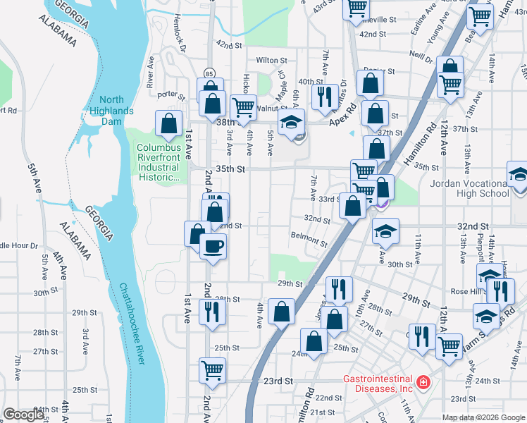 map of restaurants, bars, coffee shops, grocery stores, and more near 3217 5th Avenue in Columbus