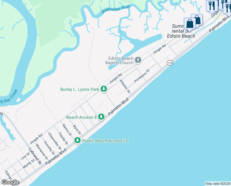 map of restaurants, bars, coffee shops, grocery stores, and more near 613 Pompano Street in Edisto Island