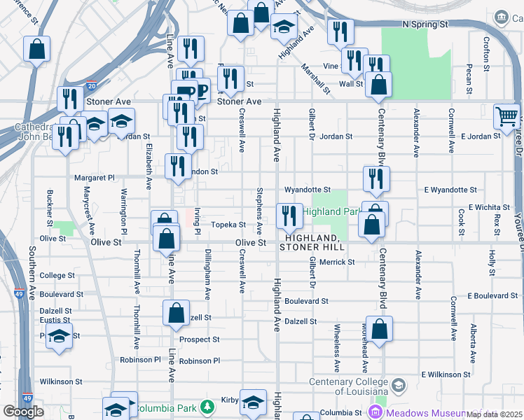 map of restaurants, bars, coffee shops, grocery stores, and more near 542 Wichita Street in Shreveport