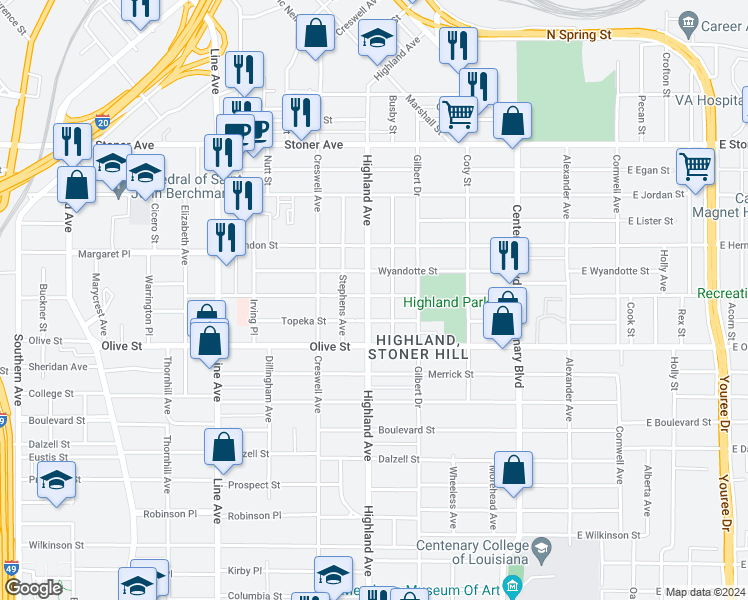 map of restaurants, bars, coffee shops, grocery stores, and more near 447 Wichita Street in Shreveport