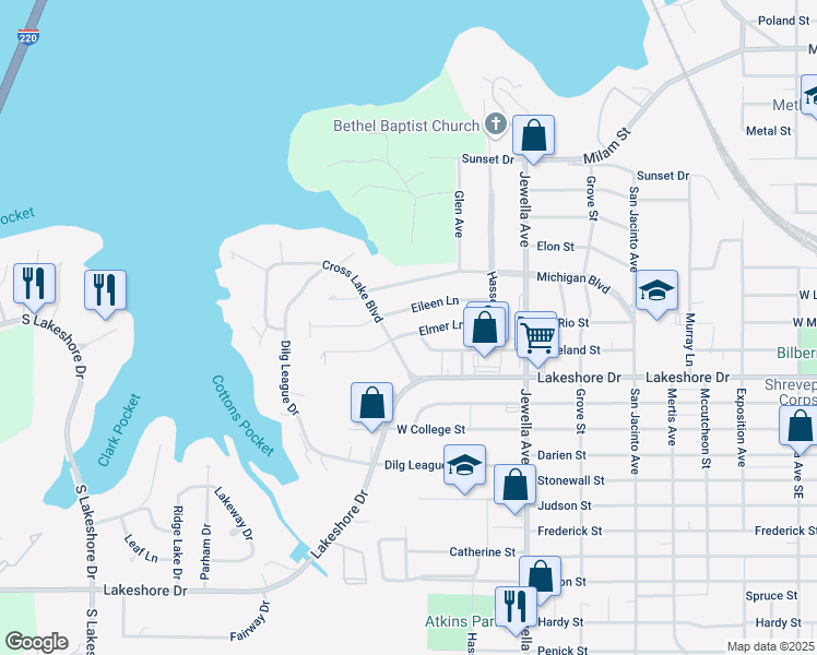 map of restaurants, bars, coffee shops, grocery stores, and more near 3855 Eileen Lane in Shreveport