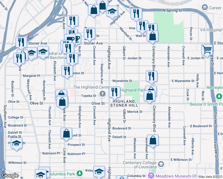 map of restaurants, bars, coffee shops, grocery stores, and more near 1801 Highland Avenue in Shreveport