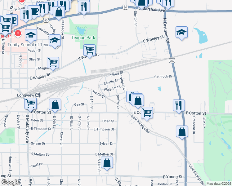 map of restaurants, bars, coffee shops, grocery stores, and more near 1806 Wagster Street in Longview