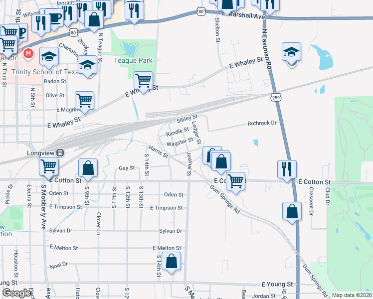 map of restaurants, bars, coffee shops, grocery stores, and more near 1811 Nowlin Street in Longview