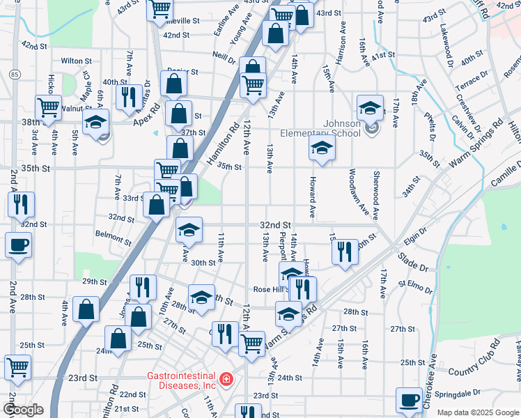 map of restaurants, bars, coffee shops, grocery stores, and more near 1218 33rd Street in Columbus