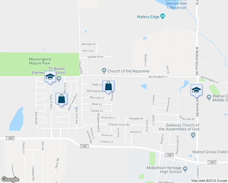 map of restaurants, bars, coffee shops, grocery stores, and more near 1106 Pheasant Drive in Midlothian