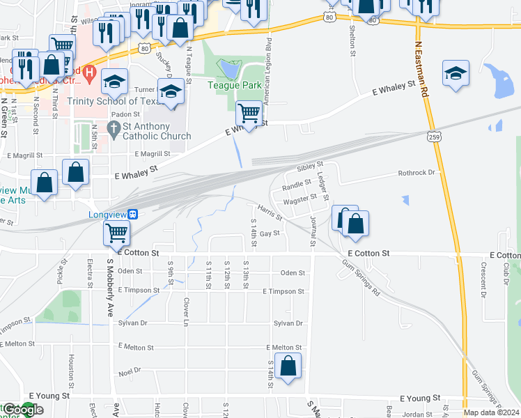 map of restaurants, bars, coffee shops, grocery stores, and more near 1604 Harris Street in Longview