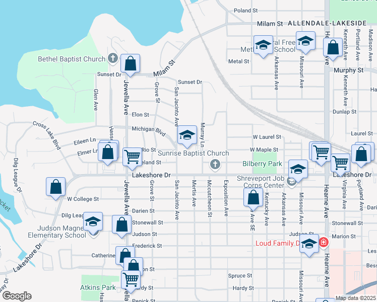 map of restaurants, bars, coffee shops, grocery stores, and more near 1807 San Jacinto Avenue in Shreveport