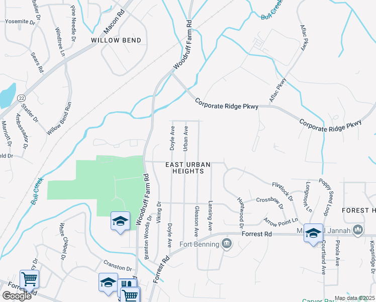 map of restaurants, bars, coffee shops, grocery stores, and more near 3222 Urban Avenue in Columbus