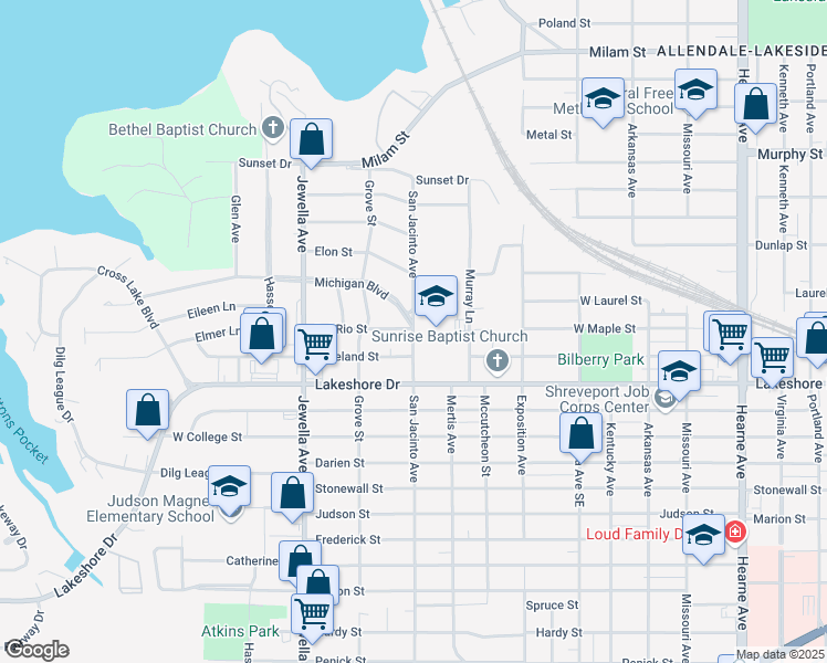 map of restaurants, bars, coffee shops, grocery stores, and more near 1807 San Jacinto Avenue in Shreveport