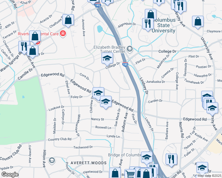 map of restaurants, bars, coffee shops, grocery stores, and more near 3305 Sue Mack Drive in Columbus