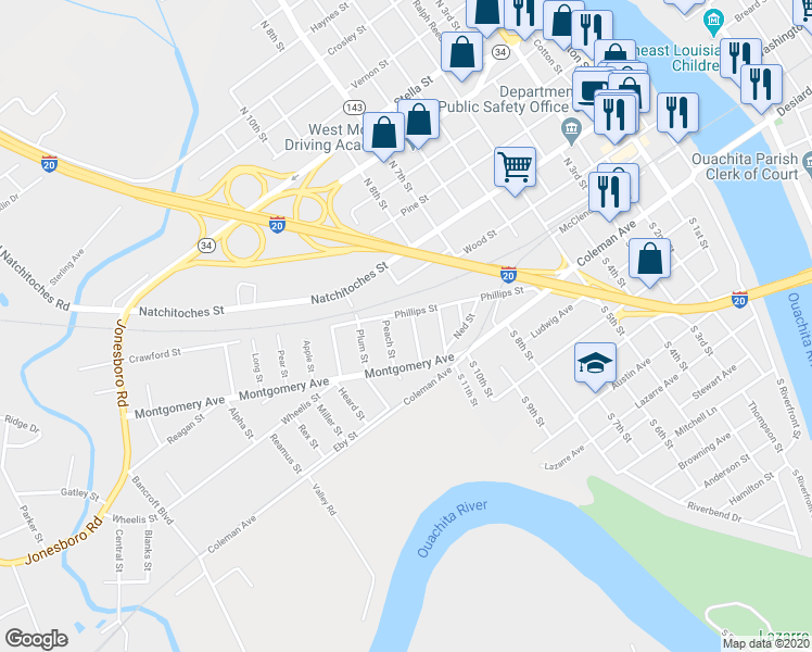 map of restaurants, bars, coffee shops, grocery stores, and more near 104 Grape Street in West Monroe