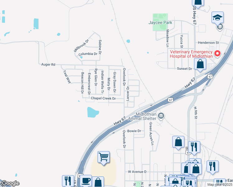map of restaurants, bars, coffee shops, grocery stores, and more near 1014 Sage Brush Tr in Midlothian