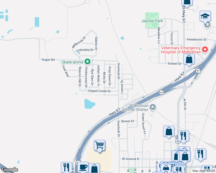 map of restaurants, bars, coffee shops, grocery stores, and more near 1014 Sage Brush Tr in Midlothian