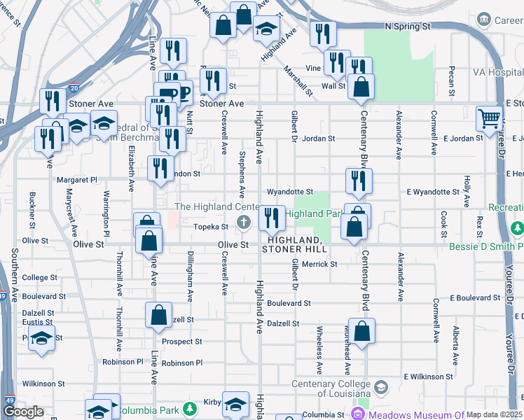 map of restaurants, bars, coffee shops, grocery stores, and more near 446 Wichita Street in Shreveport